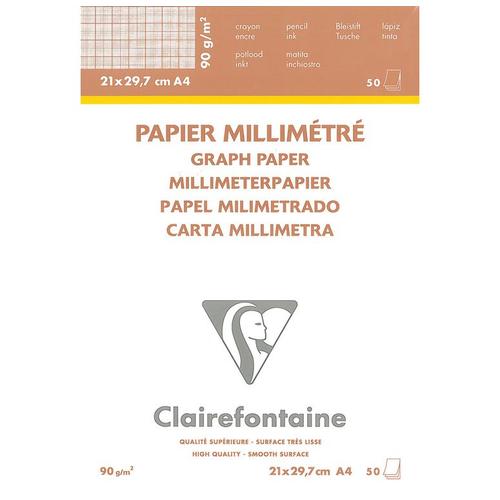 Clairefontaine  Bloc Pap Vélin Millimétré Encollé A4 50f 90g