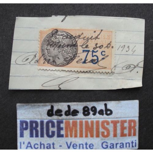 France..  Timbre Fiscal De 75 Centimes Sur Support Daté Du 30/12/1934
