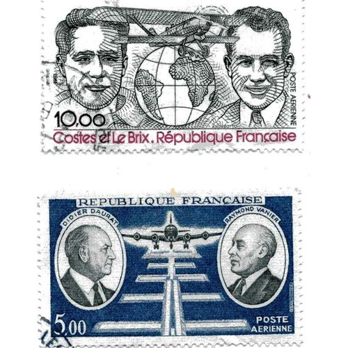 Lot De 2 Timbres N° 46 : Didier Daurat Et Raymond Vanier Pionniers De La Poste Aérienne Et N° 55 Dieudonné Costes Et Joseph Le Bris , Première Traversée De L'atlantique Sud Sans Escale.