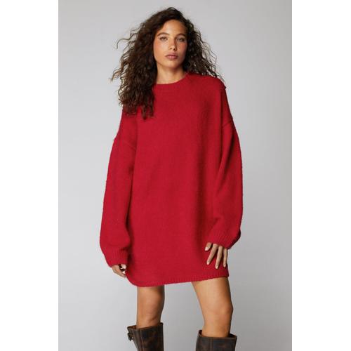 Brushed Oversized Knitted Mini Dress - Rouge - L