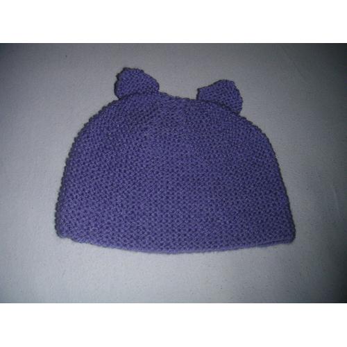 Bonnet Avec Oreilles En Laine, Mauve Fait Main 3à6m