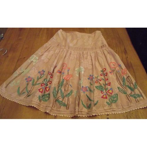 Superbe Jupe Rutzou Soie Et Coton Brodé Taille 34 Beige Foncé