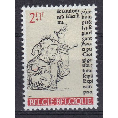 Belgique 1967 : Erasme Et Son Temps : Surtaxe Au Profit D'oeuvres Culturelles : Extraits De "L'éloge De La Folie", D'erasme - Timbre 2 F. + 1 F. Gris, Noir Et Rouge Neuf **