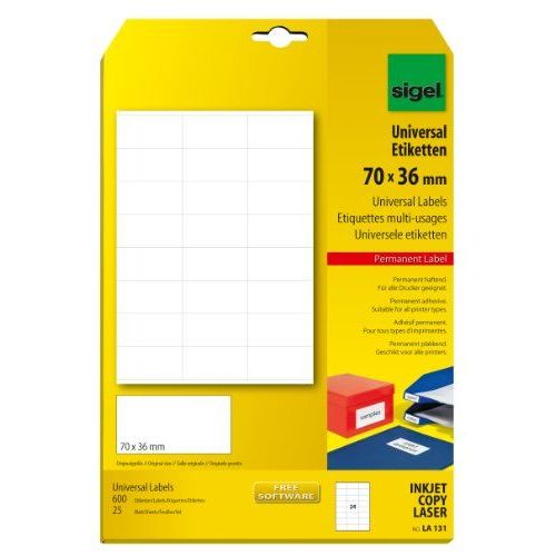 Sigel La131 Paquet De 25 Feuilles A4 Pour 600 Étiquettes Universelles Pour Photocopieur Et Imprimante Laser Et Jet D'encre 70 X 36 Mm Blanc
