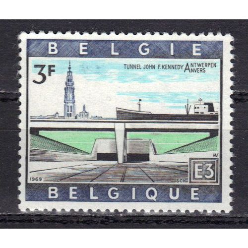 Belgique 1969 : Réalisation Routière : Tunnel John Kennedy, À Anvers - Timbre 3 F. Gris-Bleu, Noir, Vert Et Bleu Neuf **