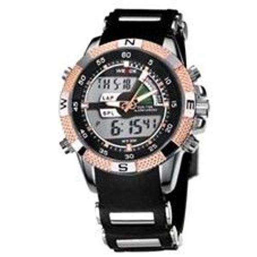 Imposante Montre Sport - Double Affichage (Analogique + Digital) - 2 Fuseaux Horaires - Boitier Ø 48 Mm - Alarme, Chronomètre, Calendrier, Cadran À Rétro-Éclairage, Etc... Bracelet Silicone + Alu