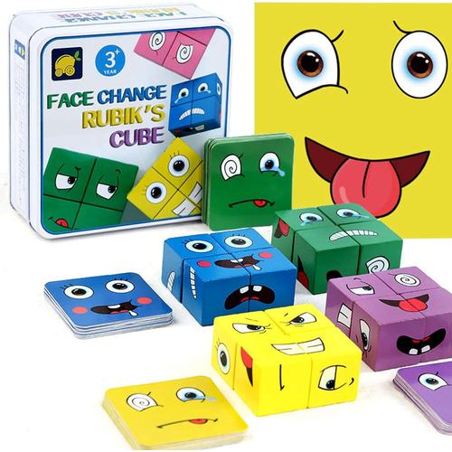 Montessori Interactif Emoji Bloc,Expressions En Bois Matching Block Puzzles,Cubes Face Change Cube Jeu,Cube De Construction Emoji,Cubes De Construction Puzzler Jouets Cadeau Pour Les Enfants(Le Carr¿¿)