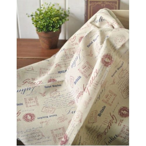 Coupon De Tissu En Lin - Cachet Postal - C: Beige/ Marine - 140 X 45cm