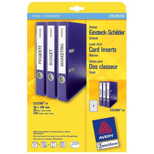Avery Zweckform C32266-25 Paquet De 25 Feuilles D'étiquettes À Classeurs Micro-Perforées 170 G Pour Classeurs Leitz Elba 30 X 190 Mm