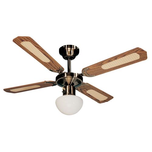 Ventilateur De Plafond Bali  Ø 107 Cm ,4 Pales Noyer/Cannées Noyer, 1 Globe, Laiton Antique