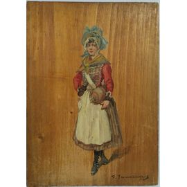 Peinture À L'huile De F Jeannin Gros Xixème Siècle, Connu, Répertorié Et Coté. Petit Tableau Signé, Sur Bois Format 220 X155mm Représentant Une Vivandière.