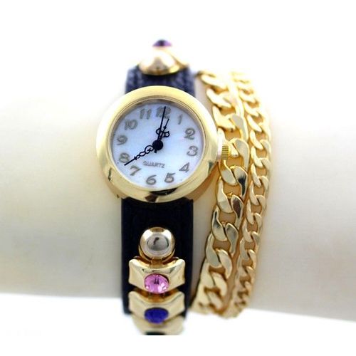 Montre Bijou Femme Fille Fashion Tendance Clubing Bling Swag - Gem + Double Chaine - Bracelet Simili Cuir