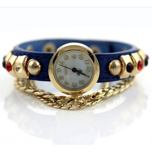 Montre Bijou Femme Fille Fashion Tendance Clubing Bling Swag - Gem + Double Chaine - Bracelet Simili Cuir