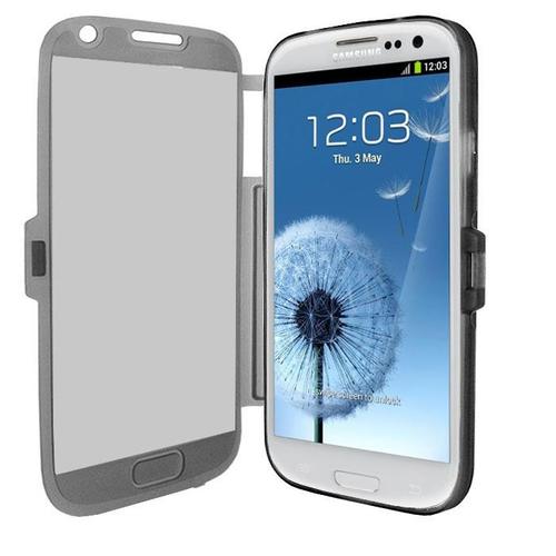 Samsung Galaxy S3 Iii I9300 I9305 4g : Coque Etui Housse Pochette Silicone Gel Format Livre Rabat Couleur  Gris + Film D'écran
