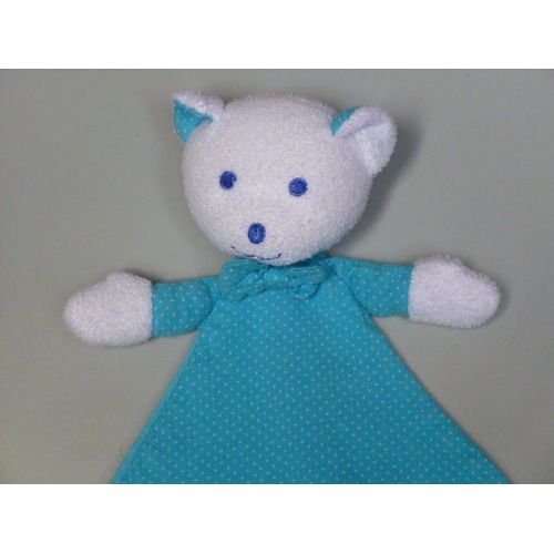 Doudou Peluche Plat Ours Musti Mustela Noeud  Bleu  Blanc Pois 2 Noeud