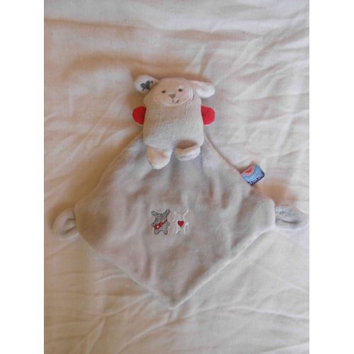 Peluche Doudou Plat Gris Mouchoir Lapin Agneau Mouton Ourson ?? Bras Rouges Coeur Sur L'oreille Guitare