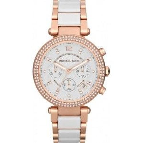 Montre Femme Michael Kors Parker Mk5774 Bracelet En Acier Or Rose Et Acétate Blanc