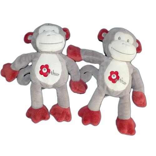 Lot - 2 Doudous Singe Gris Blanc Bordeau Arthur Et Lola - Bébisol - 25 Cm