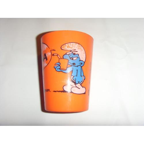 Ancien Gobelet Schtroumpf vintage - plastique collector pour collectionneur  représente une figurine grognon costaud verre paille boisson orange dinette