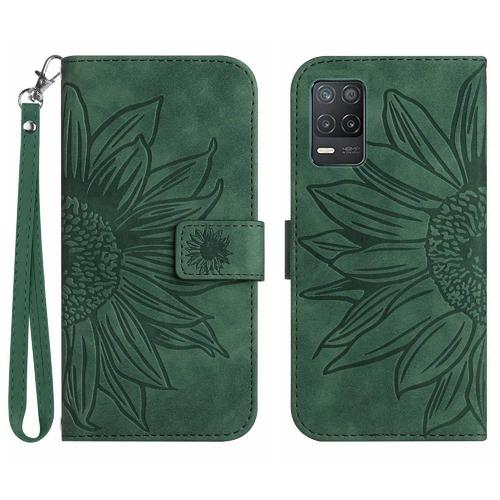 Étui Pour Realme 8 5g Tournesol Gaufré Cuir Pu De Luxe Étui De Téléphone Portefeuille Flip Avec Porte-Fentes Pour Cartes Sangle Courte - Vert