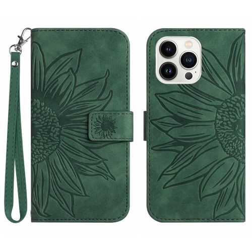 Étui Pour Iphone 15 Pro Max Tournesol Gaufré Sangle Courte Cuir Pu De Luxe Étui De Téléphone Portefeuille À Rabat Avec Porte-Fentes Pour Cartes - Vert