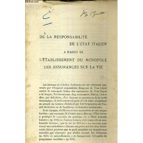 Tire A Part  De La Responsabilite De L'etat Italien A Raison De L'etablissement Du Monopole Des Assurances Sur La Vie.