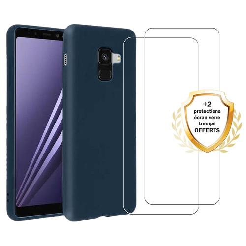 Coque Samsung Galaxy A8 2018 Silicone Liquide Bleu Marine + 2 Vitres En Verre Trempé Protection Écran Antichocs Evetane