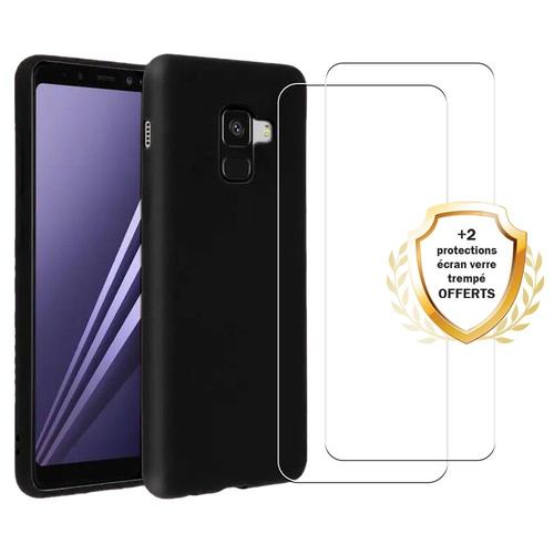 Coque Samsung Galaxy A8 2018 Silicone Liquide Noire + 2 Vitres En Verre Trempé Protection Écran Antichocs Evetane