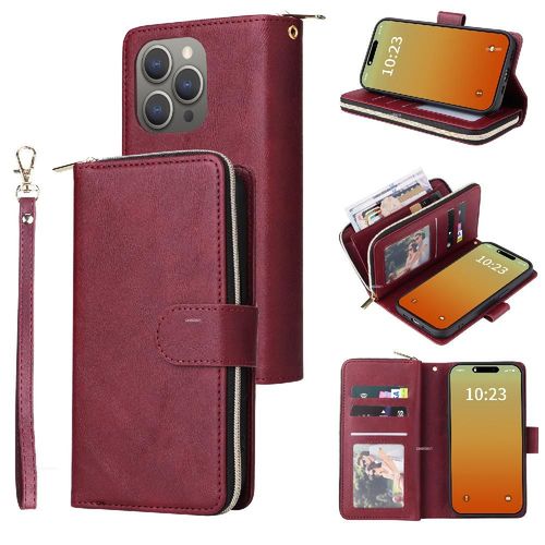 Étui Pour Iphone 15 Pro Max Titulaire De La Carte Étui Portefeuille Avec 9 Fentes Pour Cartes Avec Sangle De Main Couverture Rabotant Poche À Glissière - Rouge