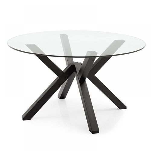Table Repas Rond 6 Couverts Mikado Base Bois Noir Plateau Verre Trempé