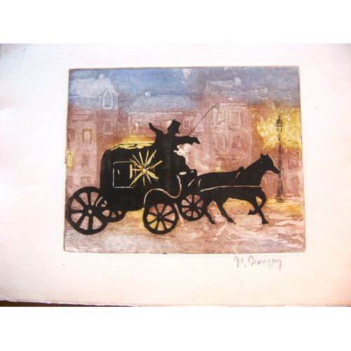 Gravure Signée Deroussen Vers 1980  Fiacre La Nuit