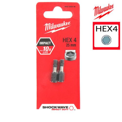 2 Embouts 6 Pans MILWAUKEE HEX4 25mm SHOCKWAVE 4932352446