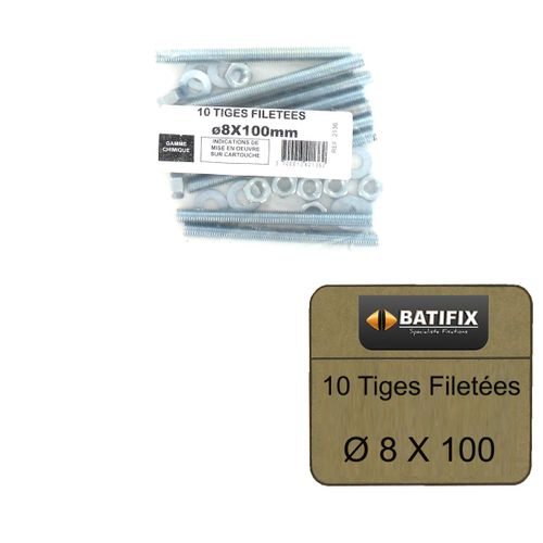 Pack de 10 Tiges Filetées M8 BATIFIX diamètre 8 x 100mm