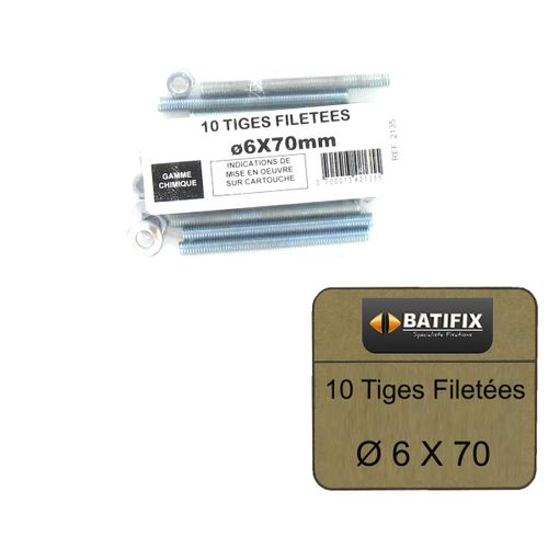 Pack de 10 Tiges Filetées M6 BATIFIX diamètre 6 x 70mm