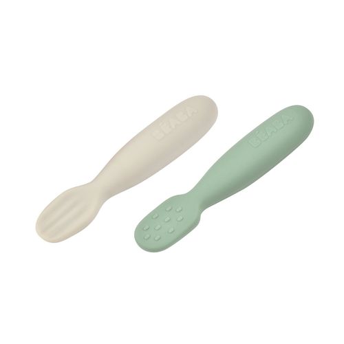 Béaba - Lot De 2 Pré-Cuillères Silicone 4 Mois+ Gris/Vert - Apprentissage Repas