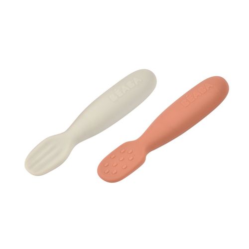 Béaba - Lot De 2 Pré-Cuillères Silicone 4 Mois+ Terracotta - Apprentissage Repas