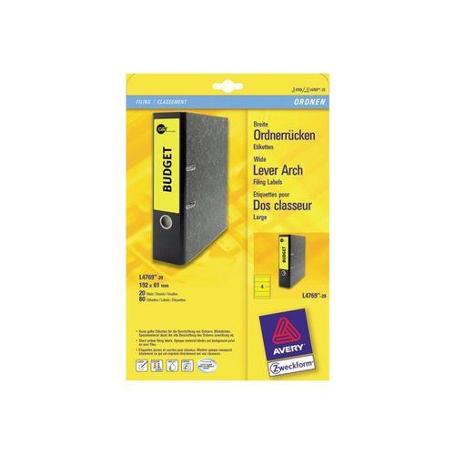 Avery L4769 - Étiquettes pour dossiers - jaune - 61 x 192 mm 400 unités ( 100 feuille(s) x 4 )