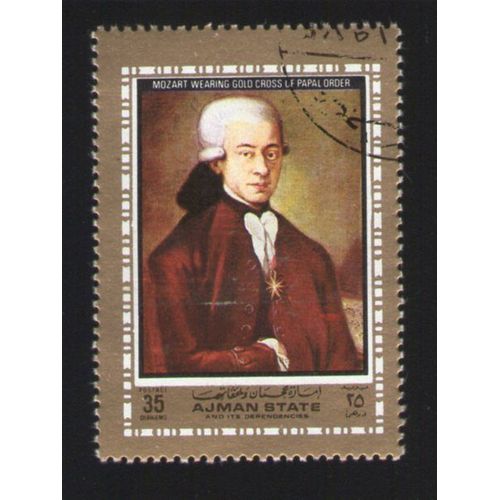 Ajman State Oblitération Ronde Used Stamp Peinture Mozart Wearing Gold Cross Of Papal Order