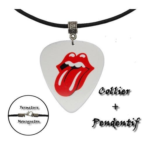 Collier + Pendentif Médiator "Rolling Stones" - Blan