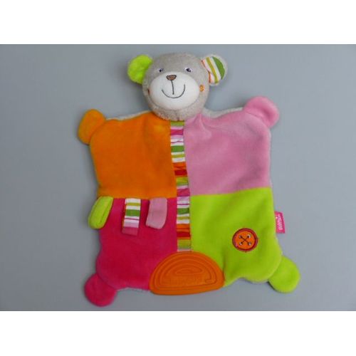 Doudou Plat Ours Gris, Rose, Orange, Vert, Dentition, Grelot, Babysun, Baby'sun