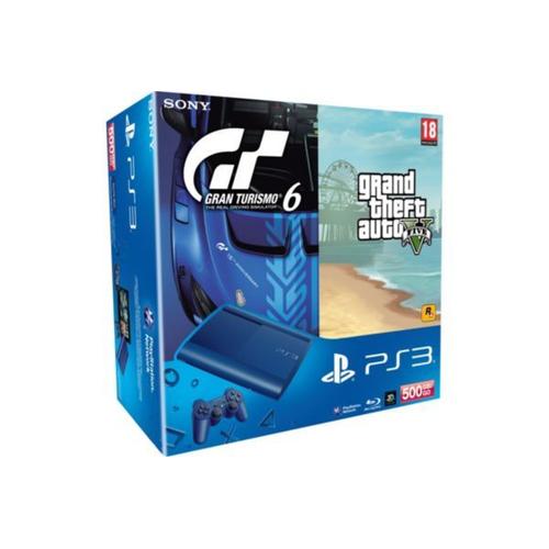 Sony Playstation 3 Ultra Slim Bleue 500 Go + Gta V + Gran Turismo 6 - Console Playstation 3 Ultra Slim 500 Go + Les Jeux Gta V Et Gran Turismo 6