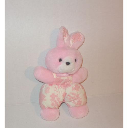 Lapin Rose Hochet Avec Salopette En Tissus Motifs Poisson Doudou Peluche 32cm