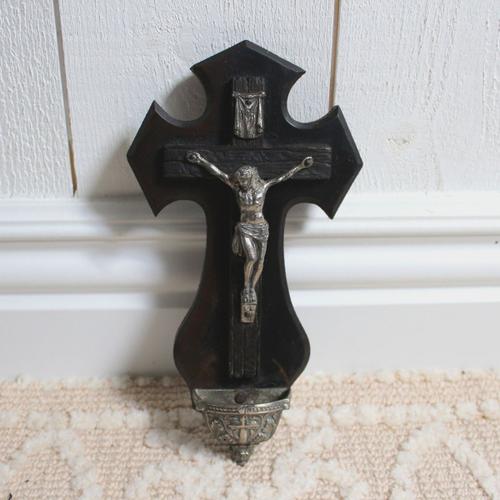 Ancien Crucifix Second Empire en bois ébonisé avec bénitier - Fin XIXème - French - Antique