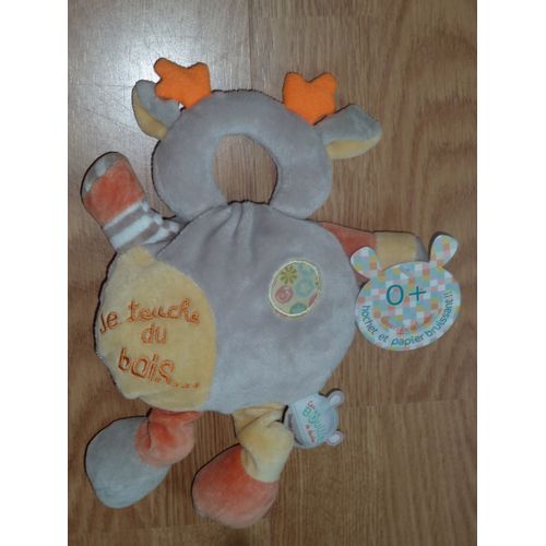 Doudou Et Compagnie Bouille Bouilles De Doudou Renne Cerf Caribou Elan Peluche Hochet Plat Je Touche Du Bois Gris Jaune 23 Cm Dc1437