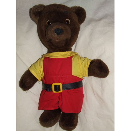 Petit Ours Brun Doudou Nounours Pomme D'api Bayard Salopette Rouge Jaune Peluche De 38 Cm