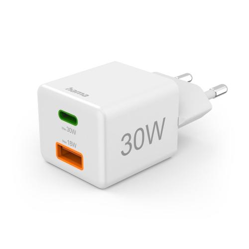 Charg. rapide, 1 USB-C PD, 1 USB-A QC, mini-chargeur, 30 W, blanc