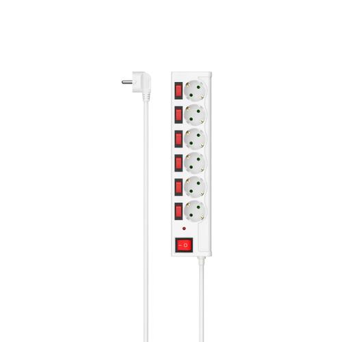 Multiprise, 6 prises, prot. ctre surtens., régl. indiv., . 1,4m, blche