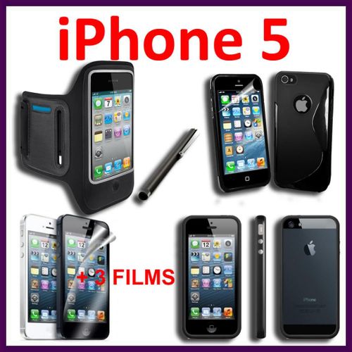 Lot Kit Pack De 7 Pièces D'accessoires Coque Etui Housse Tpu Silicone Gel S-Line Ligne S  Stylet Tactile 3 Films Protection Brassard Sport Bumper Noir Iphone 5