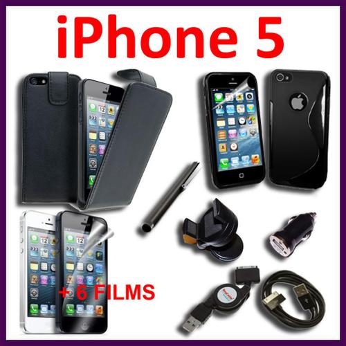 Lot Pack 13 Pièces D'accessoires Support Chargeur Voiture Allume Cigare Câble Usb Coque Etui Housse Tpu Silicone Gel S-Line  Stylet 6 Films  Simili Cuir  Noir Iphone 5