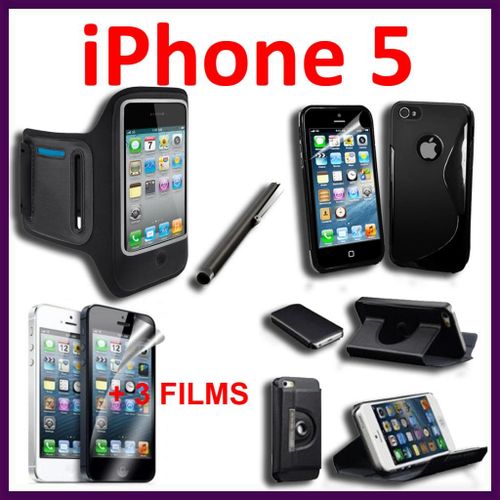 Lot Kit Pack De 7 Pièces D'accessoires Coque Etui Housse Tpu Silicone Gel S-Line Ligne S  Stylet Tactile 3 Films Protection Brassard Sport Rotatif Rotation Noir Iphone 5